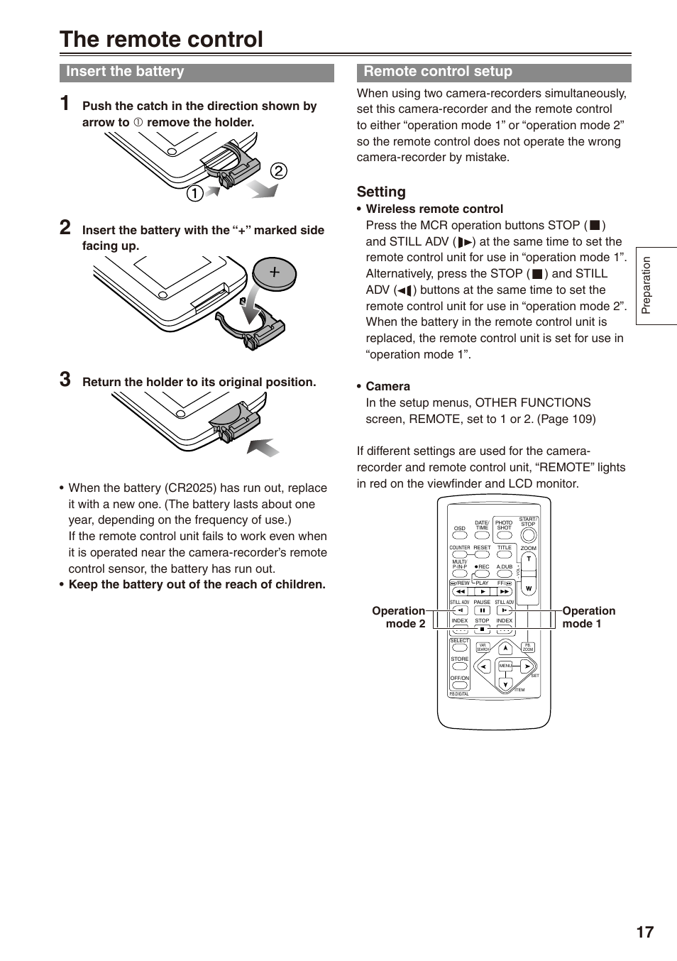 The remote control, Insert the battery, Remote control setup | Insert the battery remote control setup, Setting | Panasonic AG-HPX172EN User Manual | Page 17 / 128