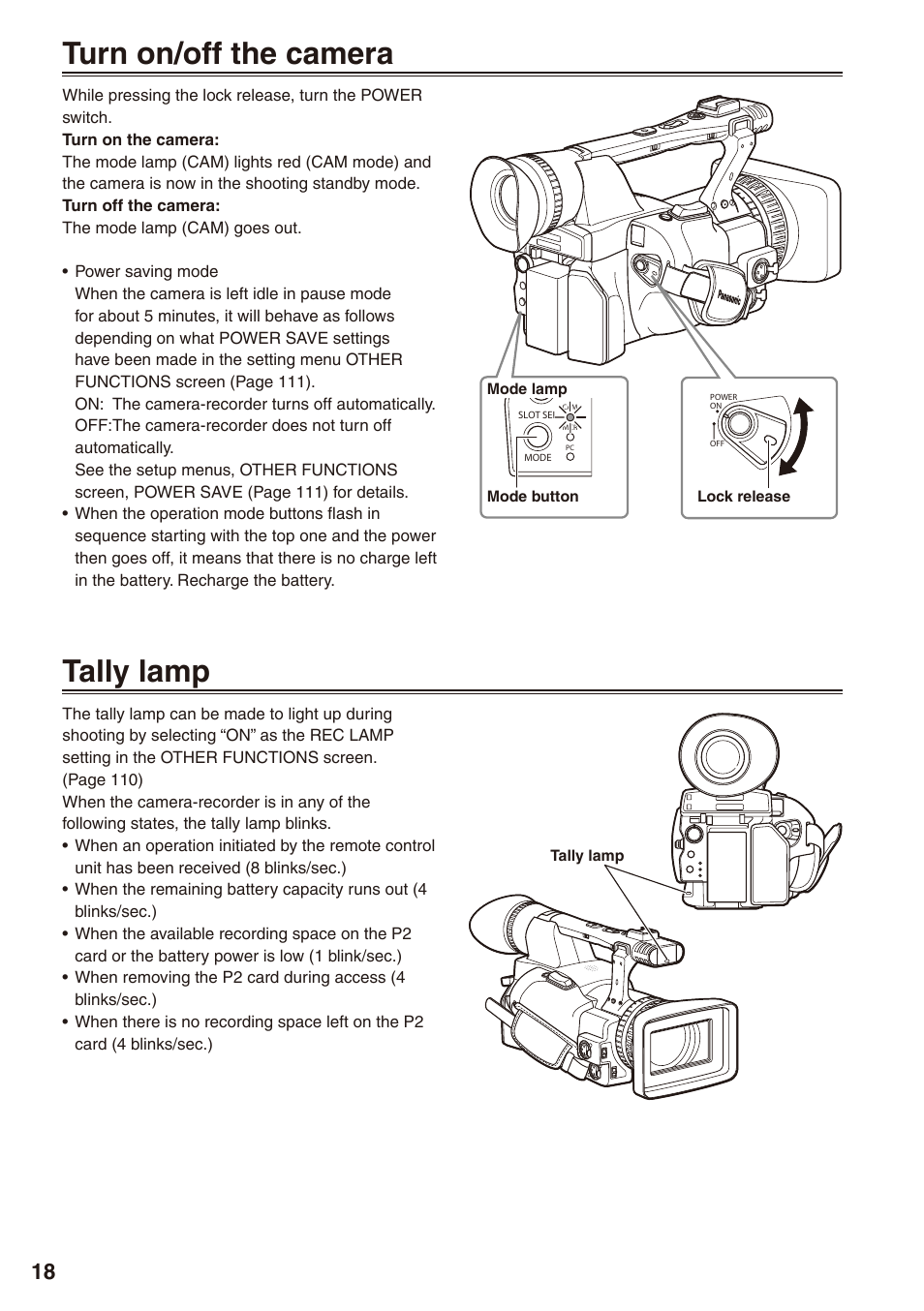 Turn on/off the camera, Tally lamp, Turn on/off the camera tally lamp | Panasonic AG-HPX172EN User Manual | Page 18 / 128