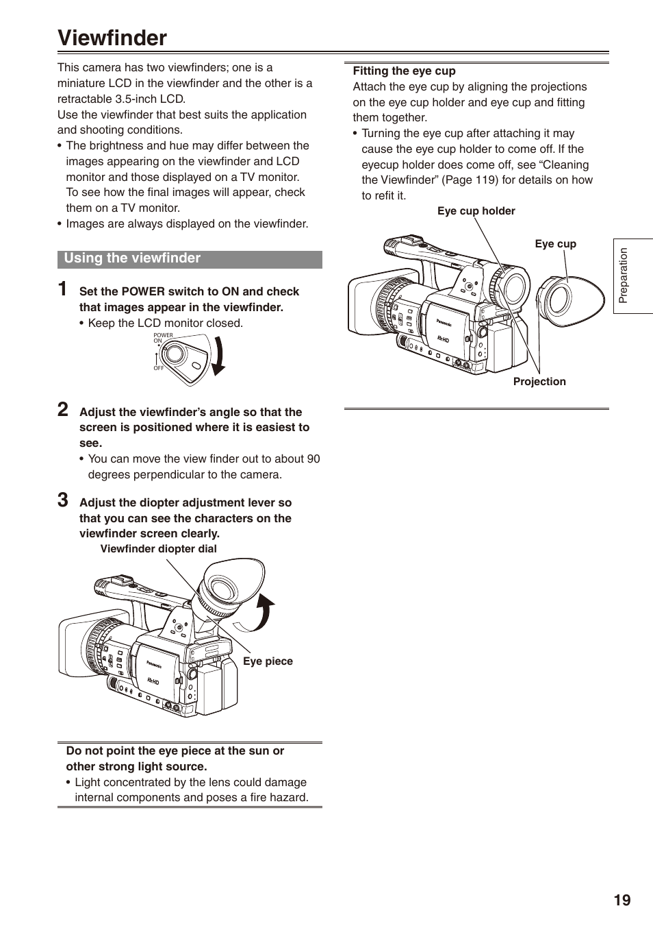 Viewfinder, Using the viewfinder | Panasonic AG-HPX172EN User Manual | Page 19 / 128