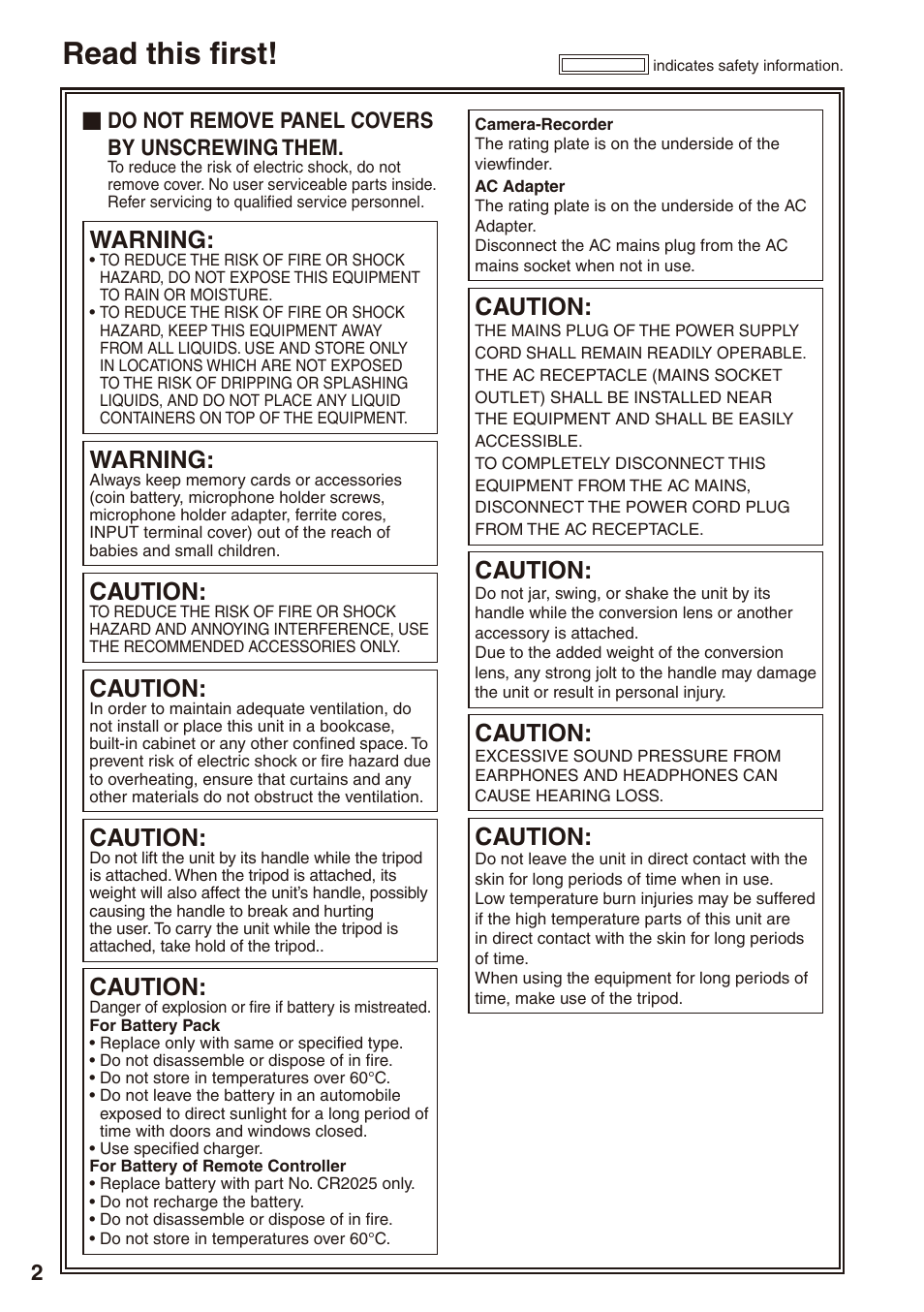 Read this first, Warning, Caution | Gdo not remove panel covers by unscrewing them | Panasonic AG-HPX172EN User Manual | Page 2 / 128