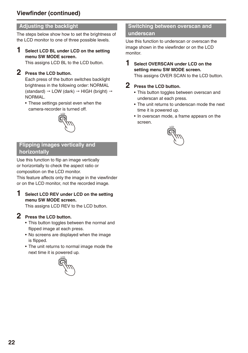 Adjusting the backlight, Flipping images vertically and horizontally, Switching between overscan and underscan | Underscan | Panasonic AG-HPX172EN User Manual | Page 22 / 128