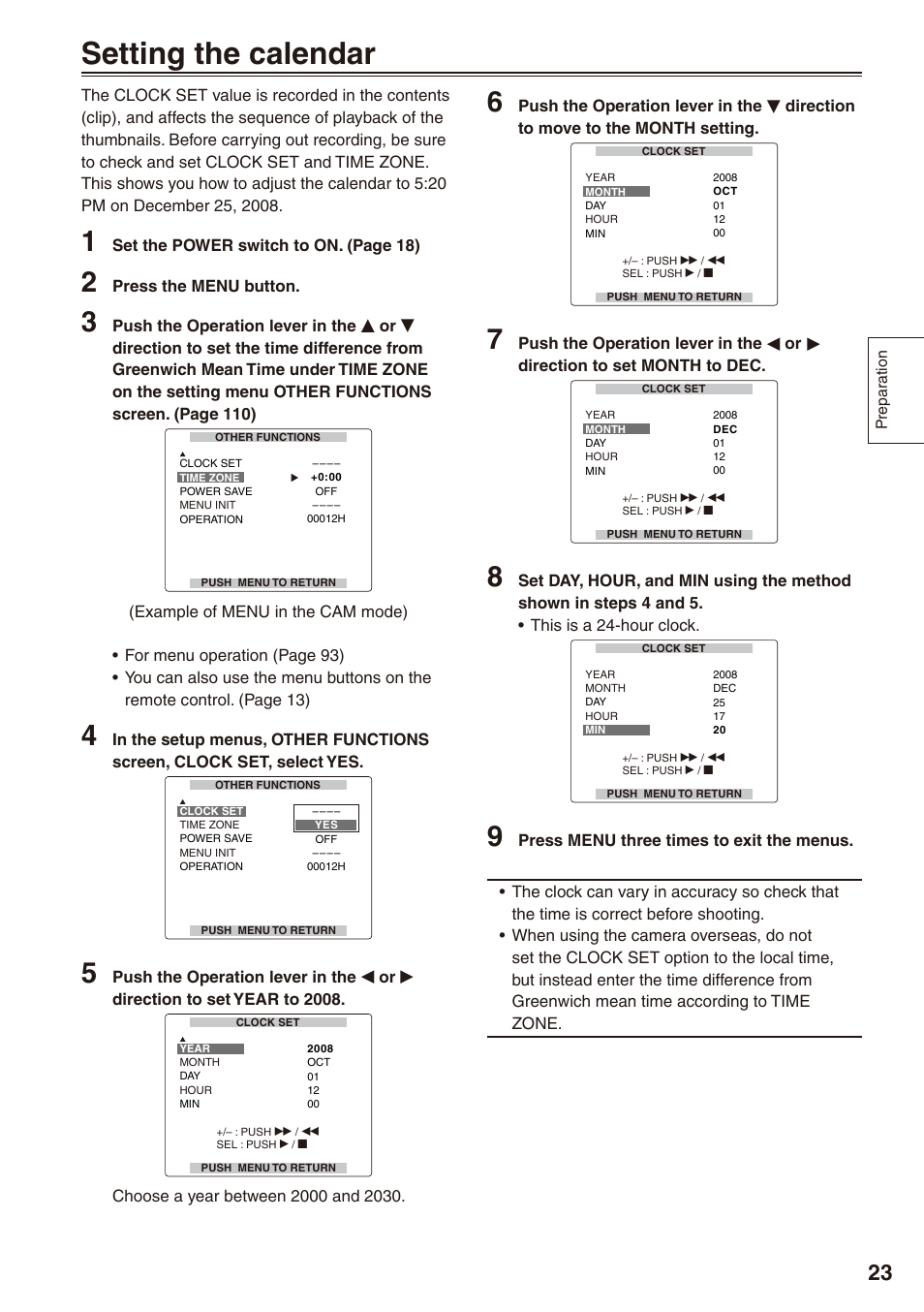 Setting the calendar | Panasonic AG-HPX172EN User Manual | Page 23 / 128