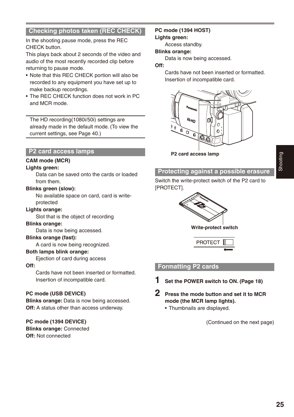 Checking photos taken (rec check), P2 card access lamps, Protecting against a possible erasure | Formatting p2 cards | Panasonic AG-HPX172EN User Manual | Page 25 / 128