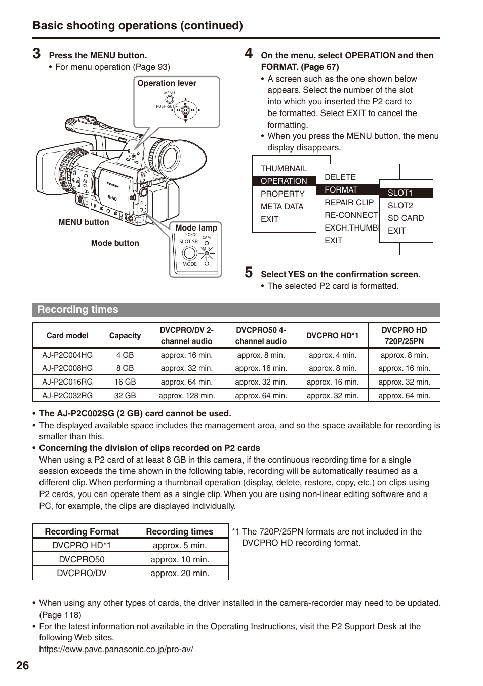 Recording times, Basic shooting operations (continued) | Panasonic AG-HPX172EN User Manual | Page 26 / 128