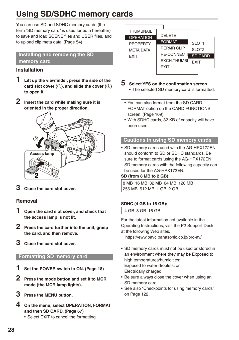 Using sd/sdhc memory cards, Installing and removing the sd memory card, Formatting sd memory card | Cautions in using sd memory cards, Installing and removing, The sd memory card, And 28) | Panasonic AG-HPX172EN User Manual | Page 28 / 128