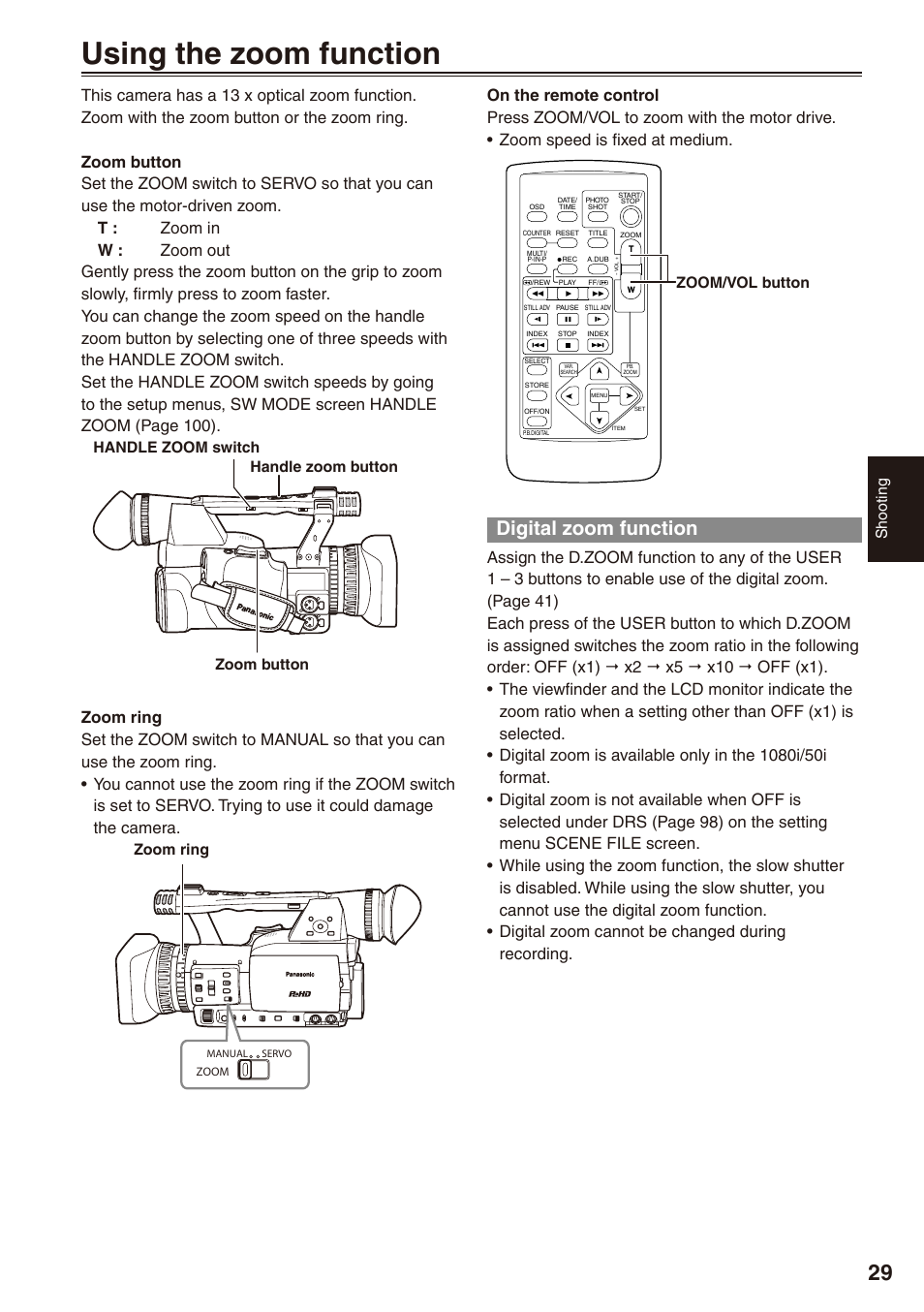 Using the zoom function, Digital zoom function, Shooting | Zoom/vol button, Handle zoom switch handle zoom button zoom button, Zoom ring | Panasonic AG-HPX172EN User Manual | Page 29 / 128