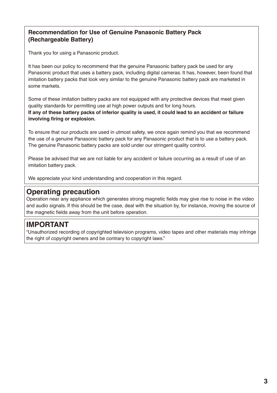 Operating precaution, Important | Panasonic AG-HPX172EN User Manual | Page 3 / 128