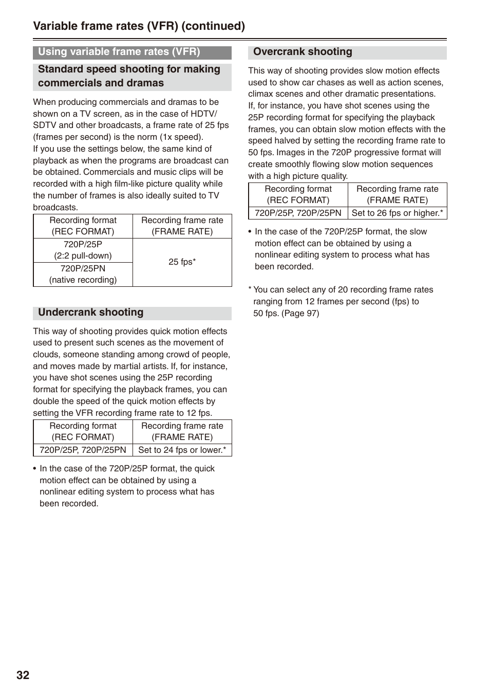 Using variable frame rates (vfr), Variable frame rates (vfr) (continued) | Panasonic AG-HPX172EN User Manual | Page 32 / 128