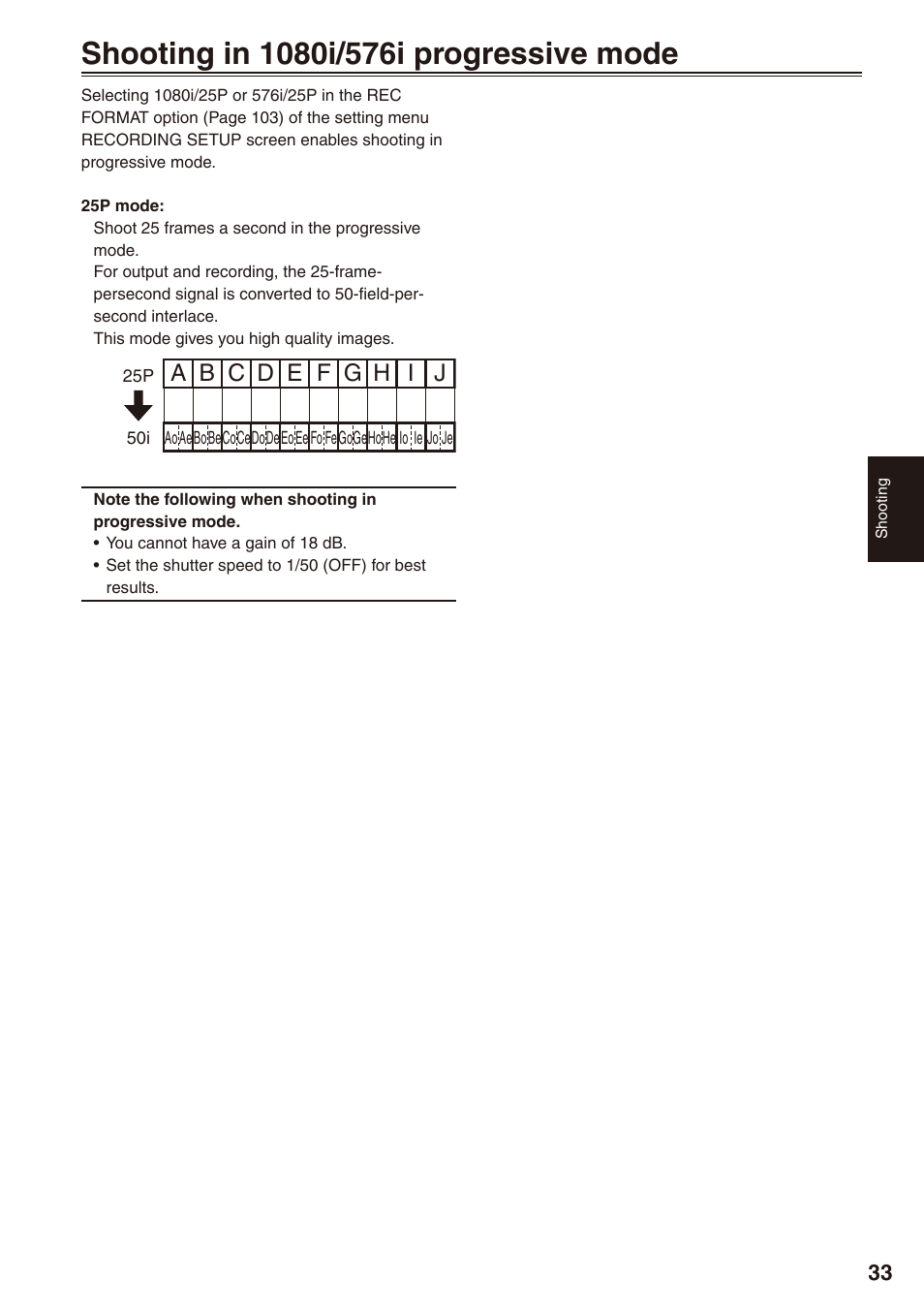 Shooting in 1080i/576i progressive mode | Panasonic AG-HPX172EN User Manual | Page 33 / 128