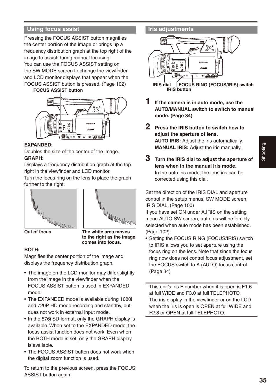 Using focus assist, Iris adjustments, Using focus assist iris adjustments | Panasonic AG-HPX172EN User Manual | Page 35 / 128