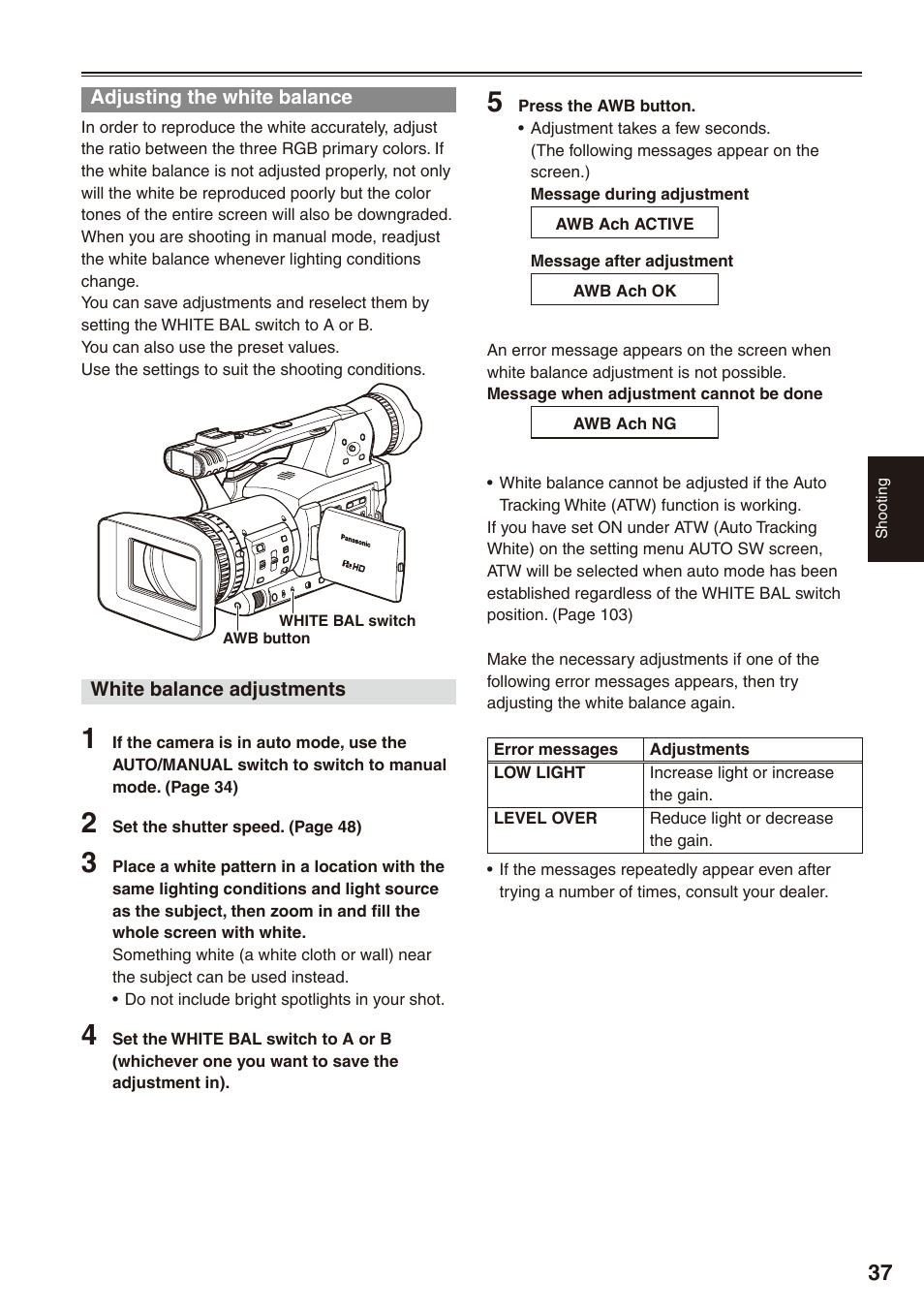 Adjusting the white balance | Panasonic AG-HPX172EN User Manual | Page 37 / 128
