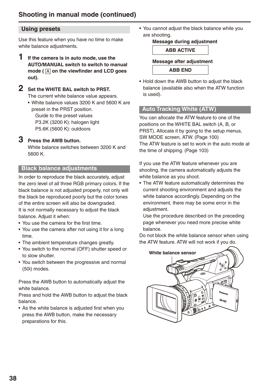 Black balance adjustments, Auto tracking white (atw), Shooting in manual mode (continued) | Panasonic AG-HPX172EN User Manual | Page 38 / 128