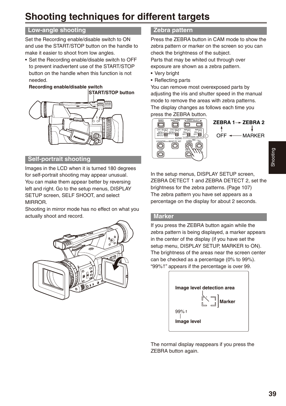 Shooting techniques for different targets, Low-angle shooting, Self-portrait shooting | Zebra pattern, Marker | Panasonic AG-HPX172EN User Manual | Page 39 / 128