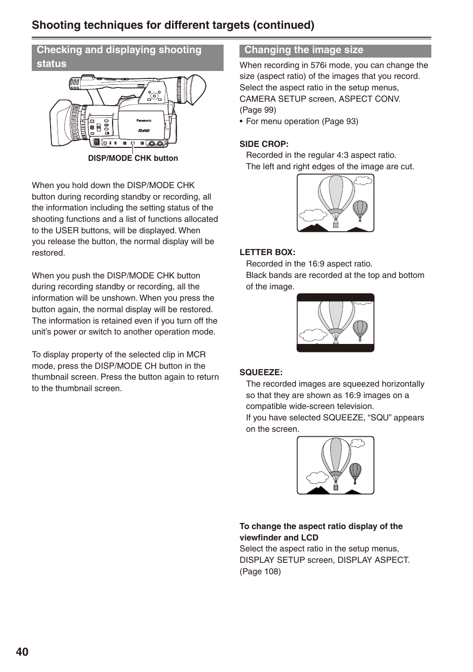 Checking and displaying shooting status, Changing the image size | Panasonic AG-HPX172EN User Manual | Page 40 / 128