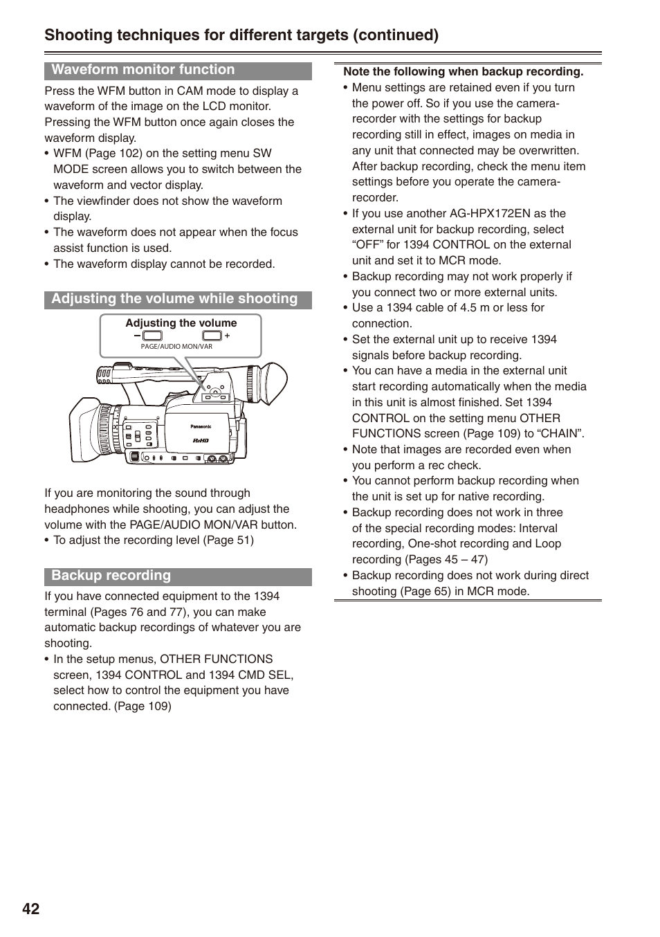 Waveform monitor function, Adjusting the volume while shooting, Backup recording | Panasonic AG-HPX172EN User Manual | Page 42 / 128