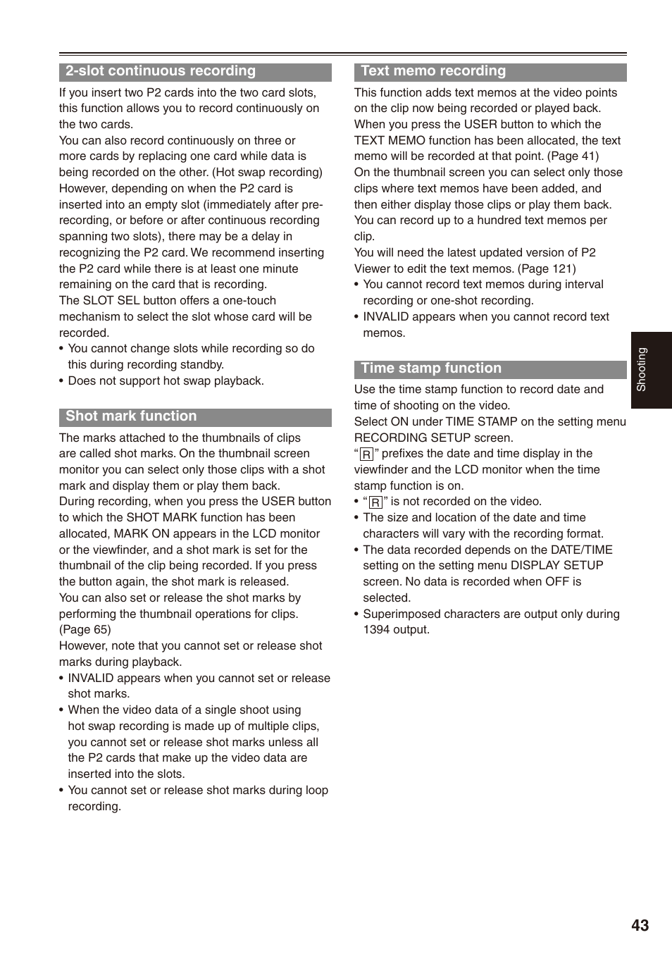 Slot continuous recording, Shot mark function, Text memo recording | Time stamp function | Panasonic AG-HPX172EN User Manual | Page 43 / 128