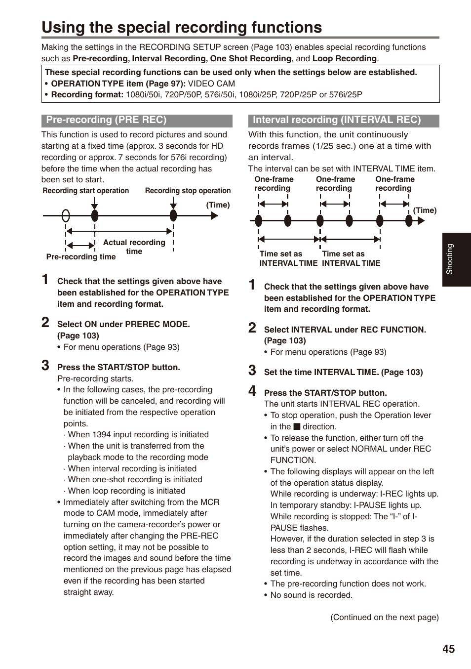 Using the special recording functions, Pre-recording (pre rec), Interval recording (interval rec) | Panasonic AG-HPX172EN User Manual | Page 45 / 128