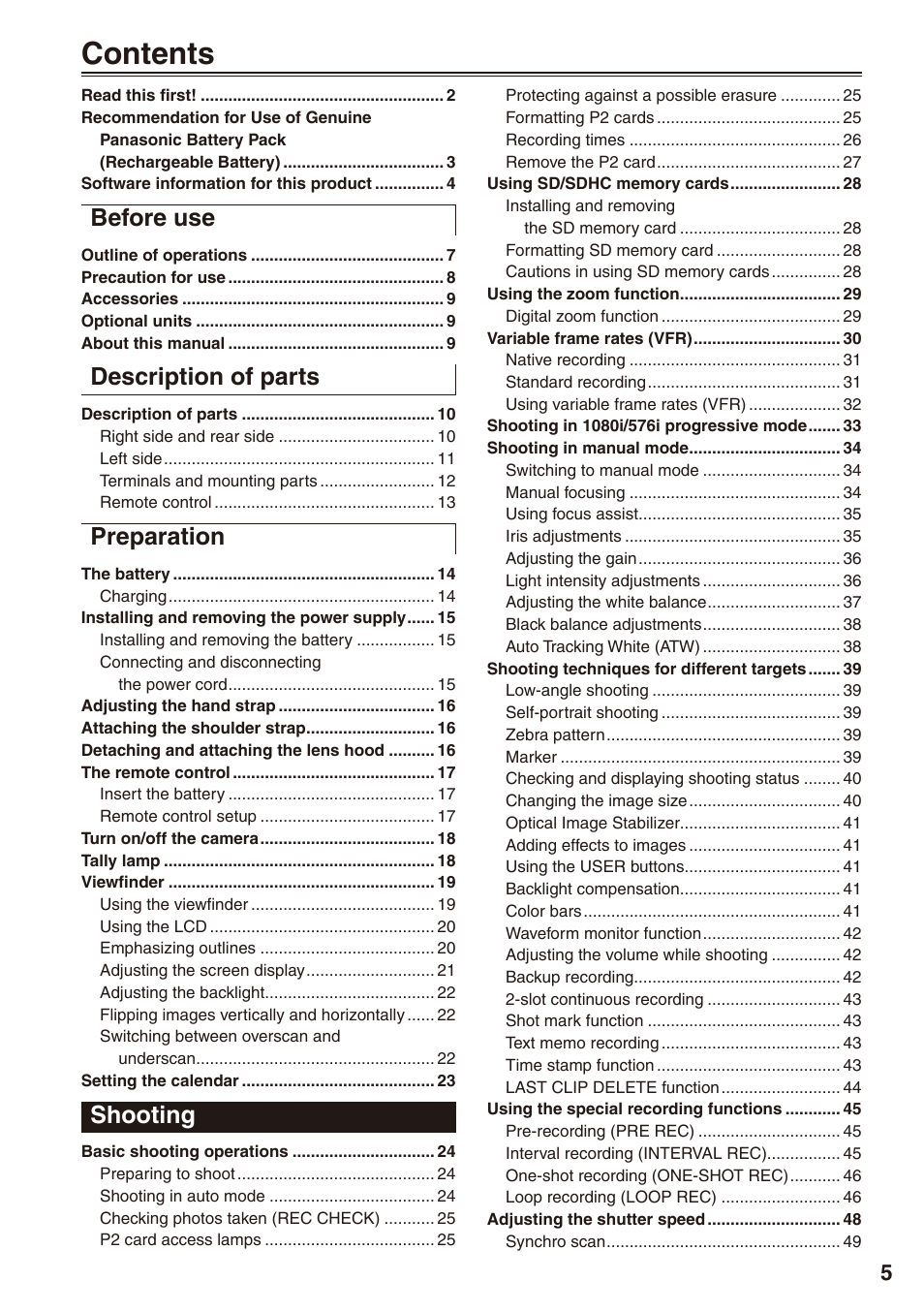 Panasonic AG-HPX172EN User Manual | Page 5 / 128