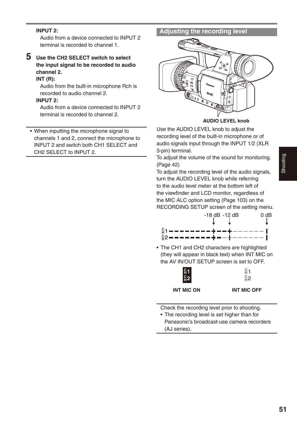 Adjusting the recording level | Panasonic AG-HPX172EN User Manual | Page 51 / 128