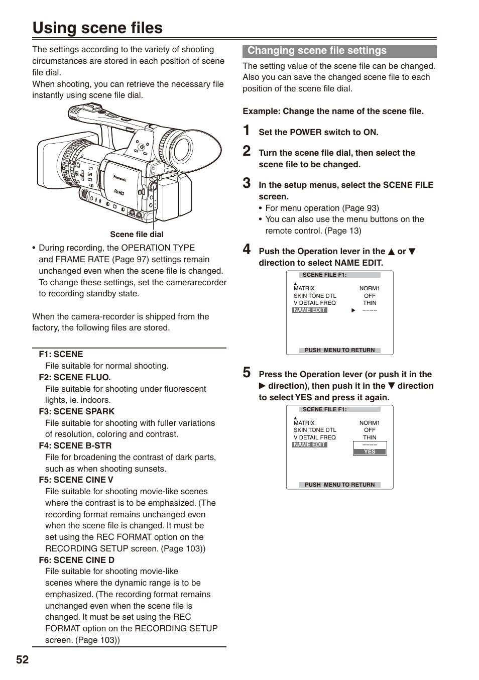 Using scene files, Changing scene file settings | Panasonic AG-HPX172EN User Manual | Page 52 / 128