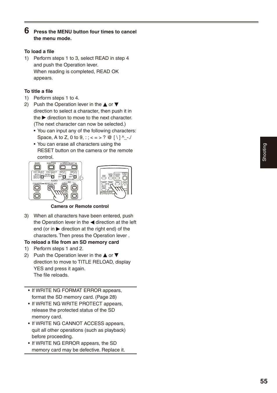 Shooting, Camera or remote control | Panasonic AG-HPX172EN User Manual | Page 55 / 128