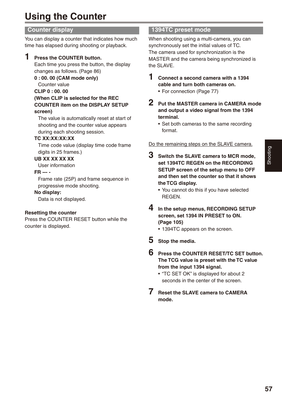 Using the counter, Counter display, 1394tc preset mode | Counter display 1394tc preset mode | Panasonic AG-HPX172EN User Manual | Page 57 / 128