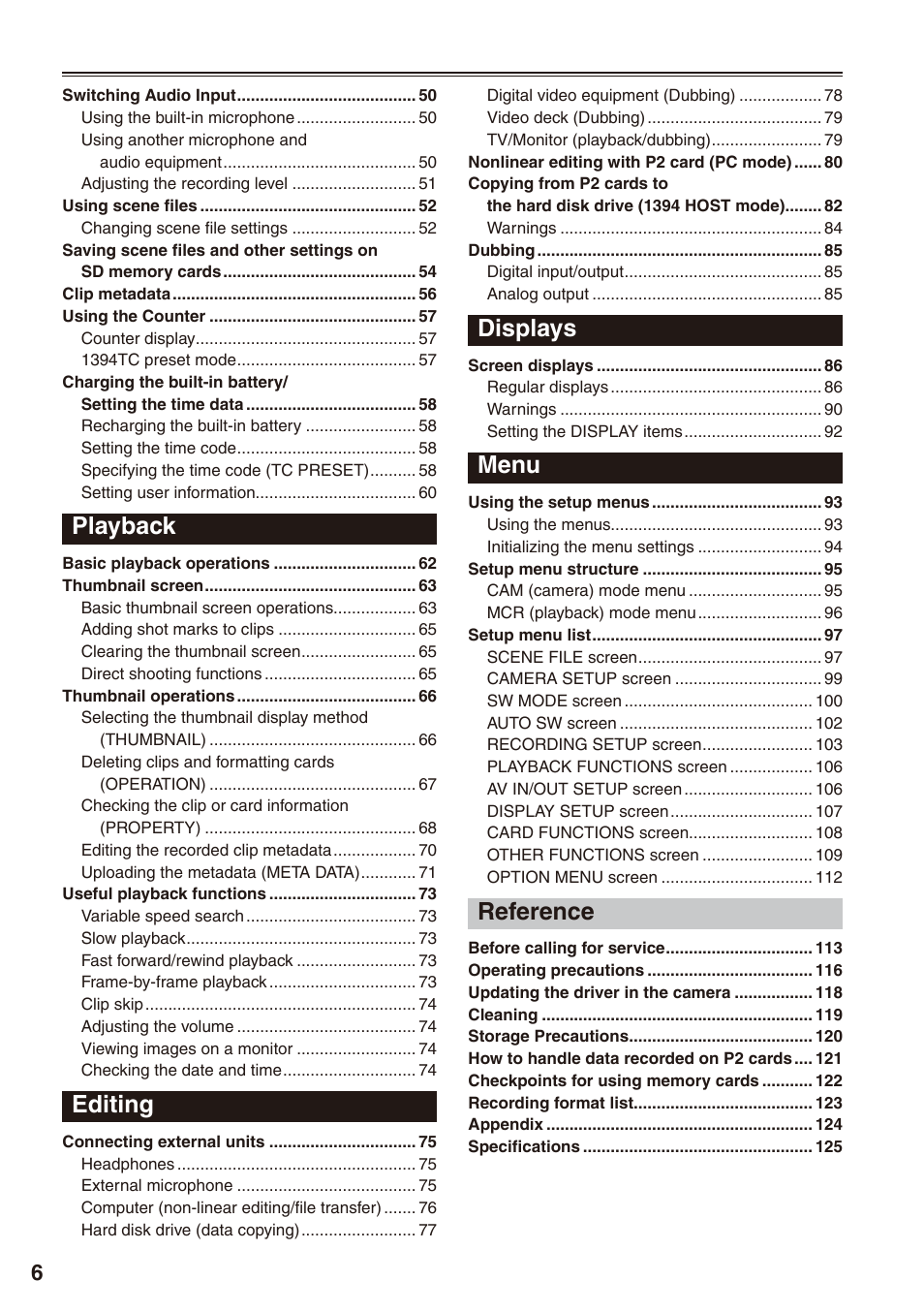 Playback, Editing, Displays | Menu, Reference | Panasonic AG-HPX172EN User Manual | Page 6 / 128