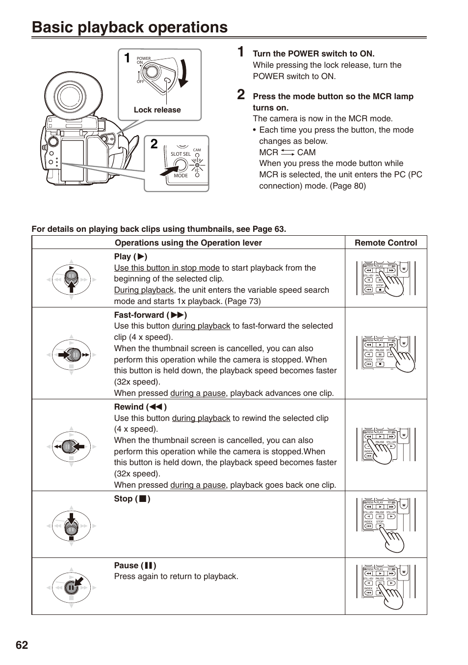 Playback, Basic playback operations, 62 and | Stop ( g ), Pause ( h ) press again to return to playback, Lock release | Panasonic AG-HPX172EN User Manual | Page 62 / 128