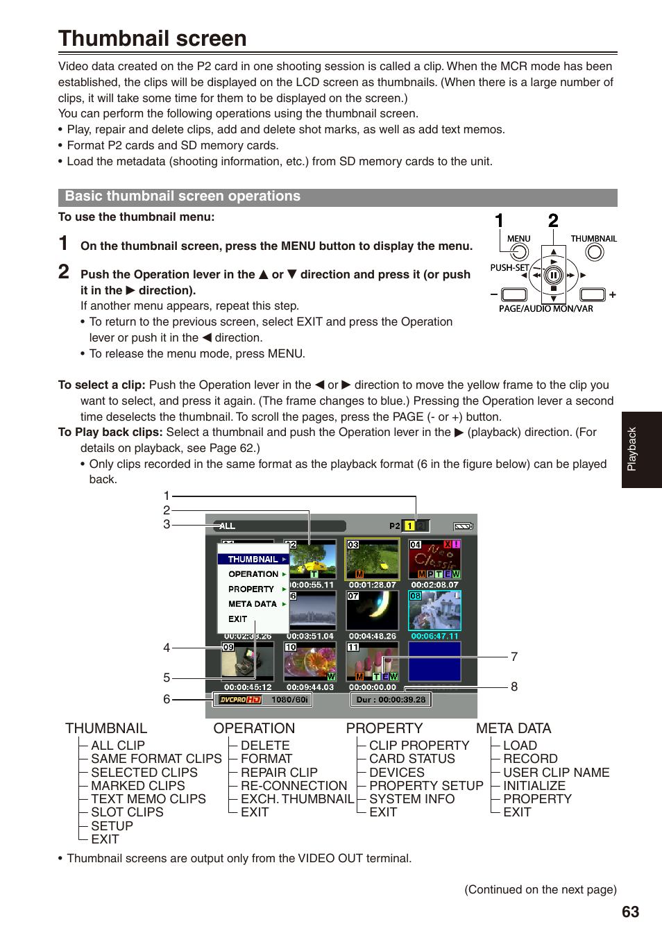 Thumbnail screen, Basic thumbnail screen operations | Panasonic AG-HPX172EN User Manual | Page 63 / 128