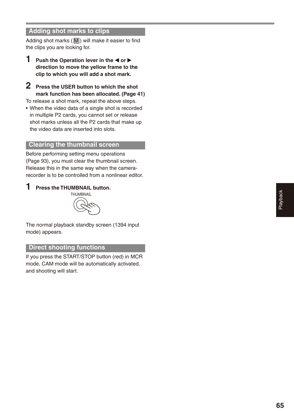 Adding shot marks to clips, Clearing the thumbnail screen, Direct shooting functions | Panasonic AG-HPX172EN User Manual | Page 65 / 128