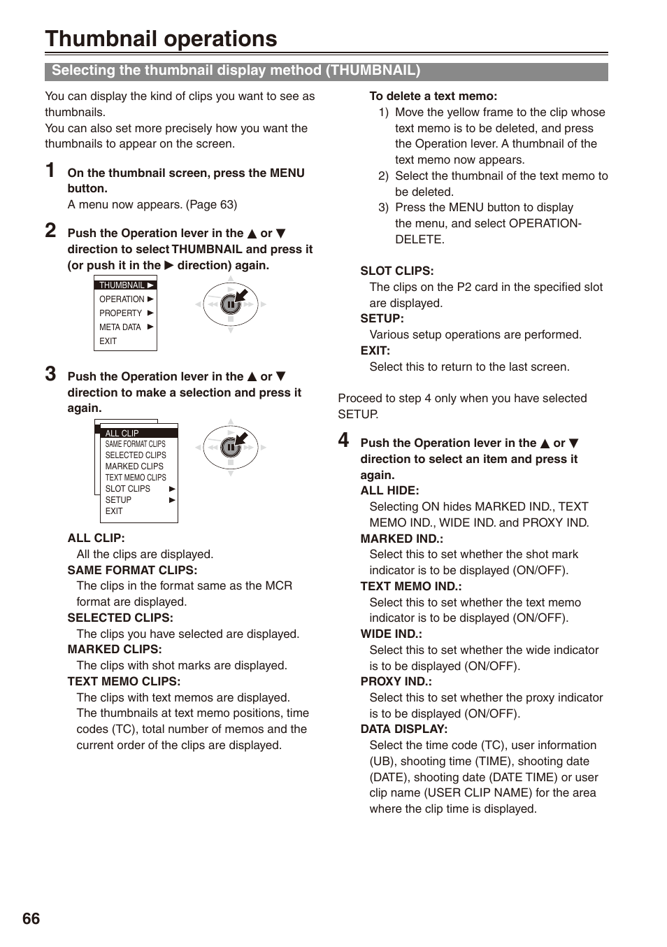 Thumbnail operations, Selecting the thumbnail display method (thumbnail), Selecting the thumbnail display method | Thumbnail) | Panasonic AG-HPX172EN User Manual | Page 66 / 128