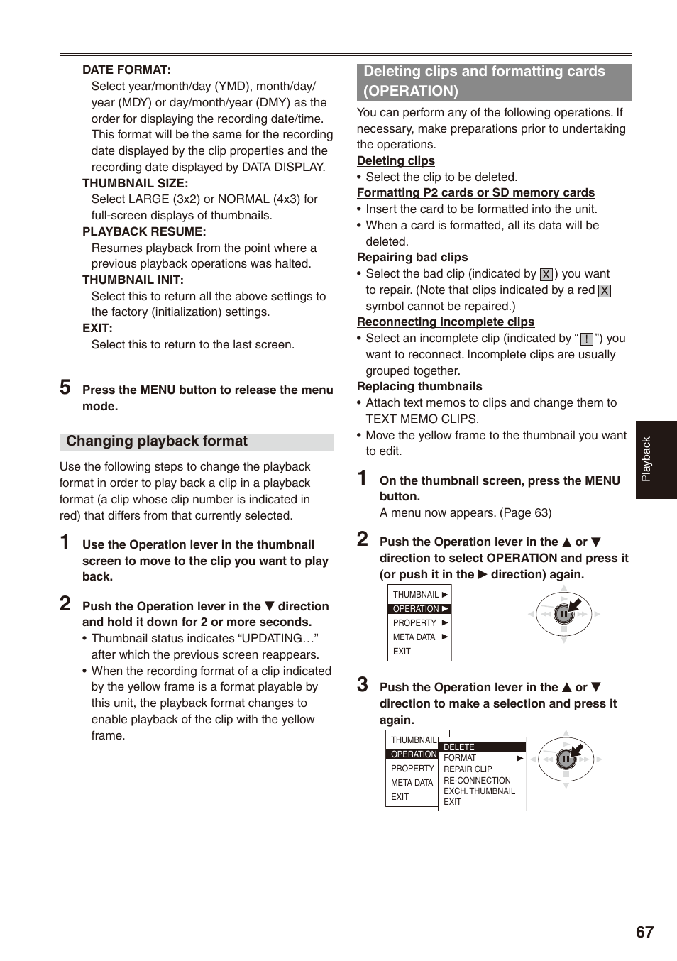 Deleting clips and formatting cards (operation), Deleting clips and formatting cards, Operation) | 67), or change the mcr | Panasonic AG-HPX172EN User Manual | Page 67 / 128