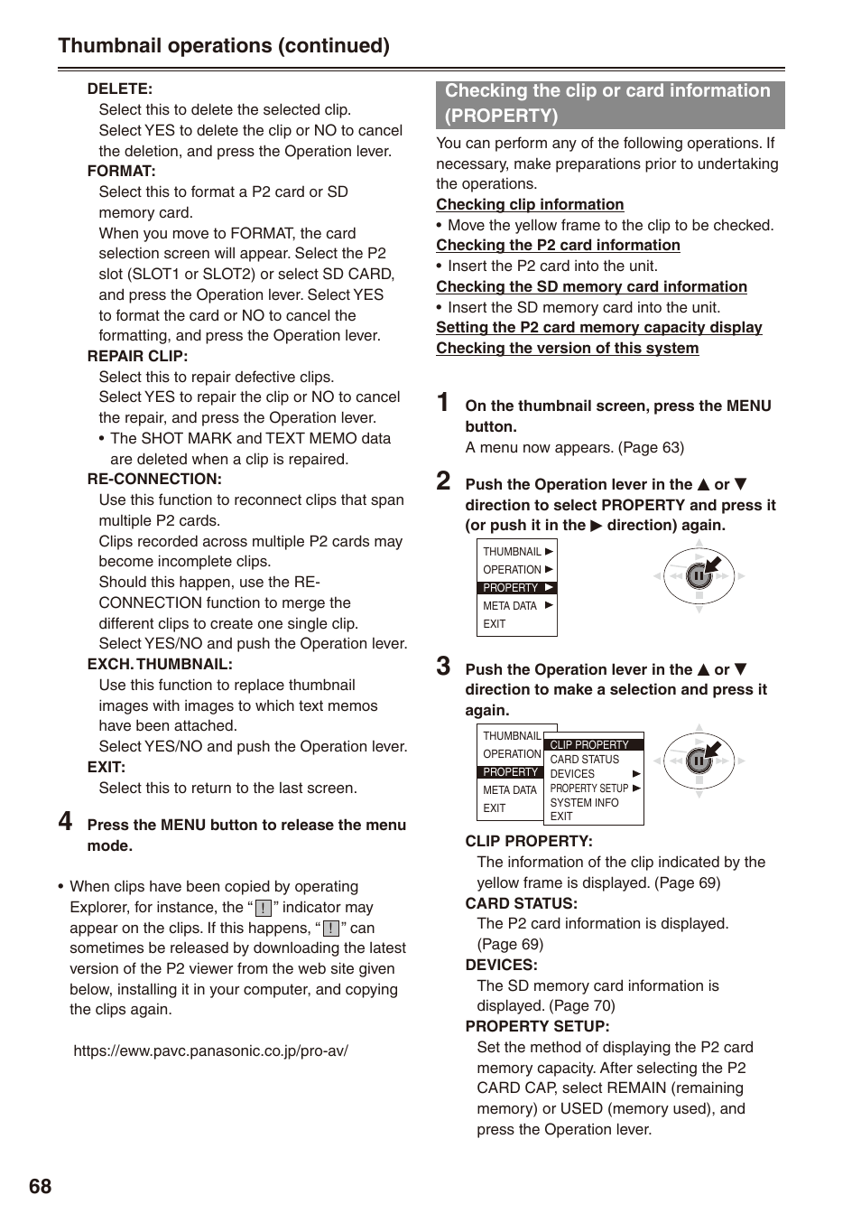 Checking the clip or card information (property), Checking the clip or card information, Property) | Thumbnail operations (continued) | Panasonic AG-HPX172EN User Manual | Page 68 / 128