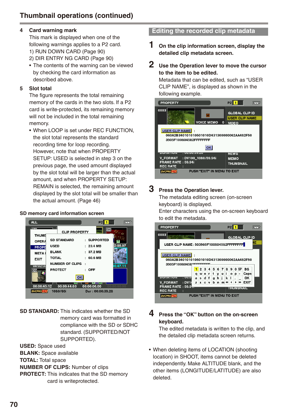 Editing the recorded clip metadata | Panasonic AG-HPX172EN User Manual | Page 70 / 128