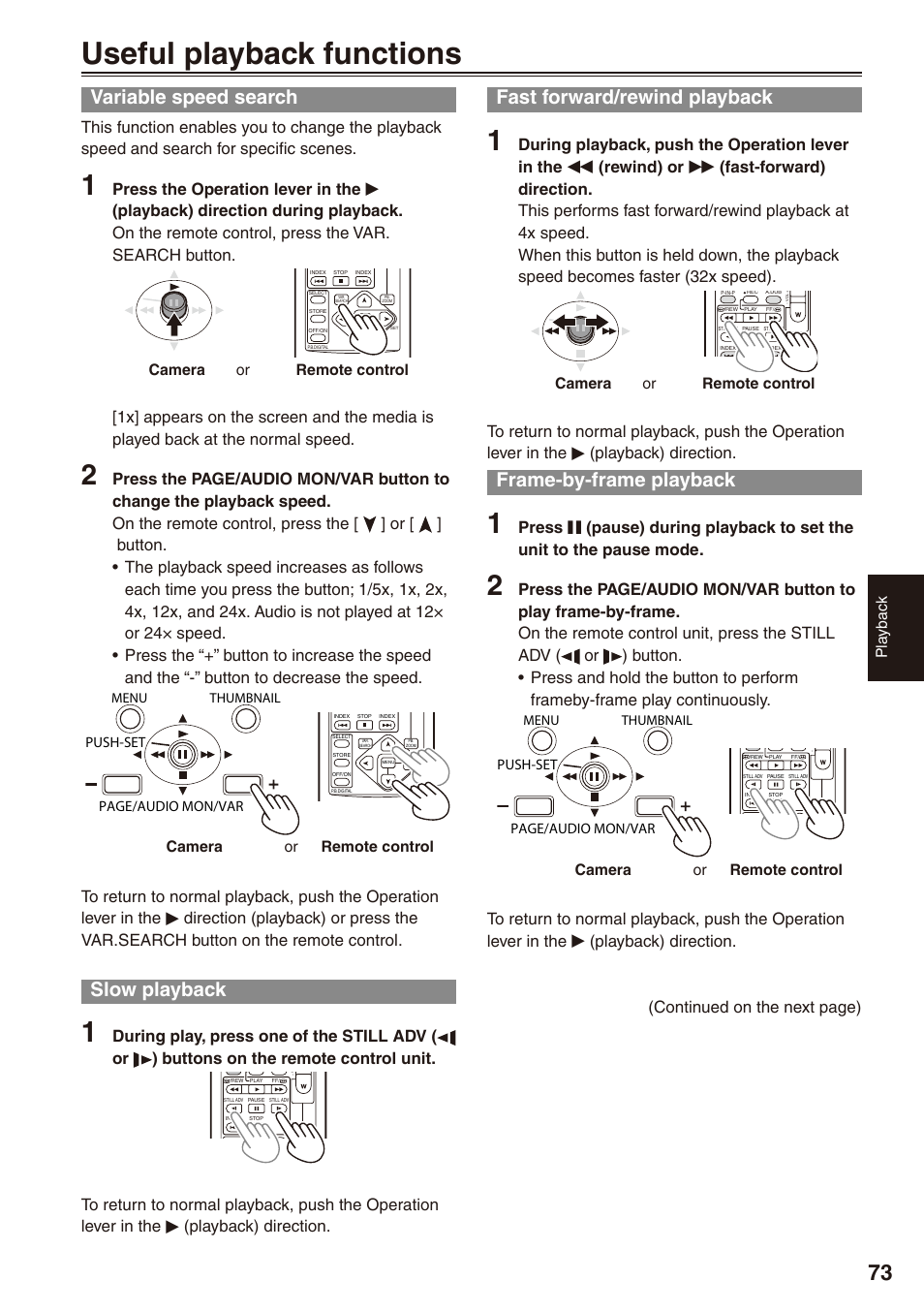 Useful playback functions, Variable speed search, Slow playback | Fast forward/rewind playback, Frame-by-frame playback, Pla ybac k, Camera or remote control, Push-set page/audio mon/var | Panasonic AG-HPX172EN User Manual | Page 73 / 128