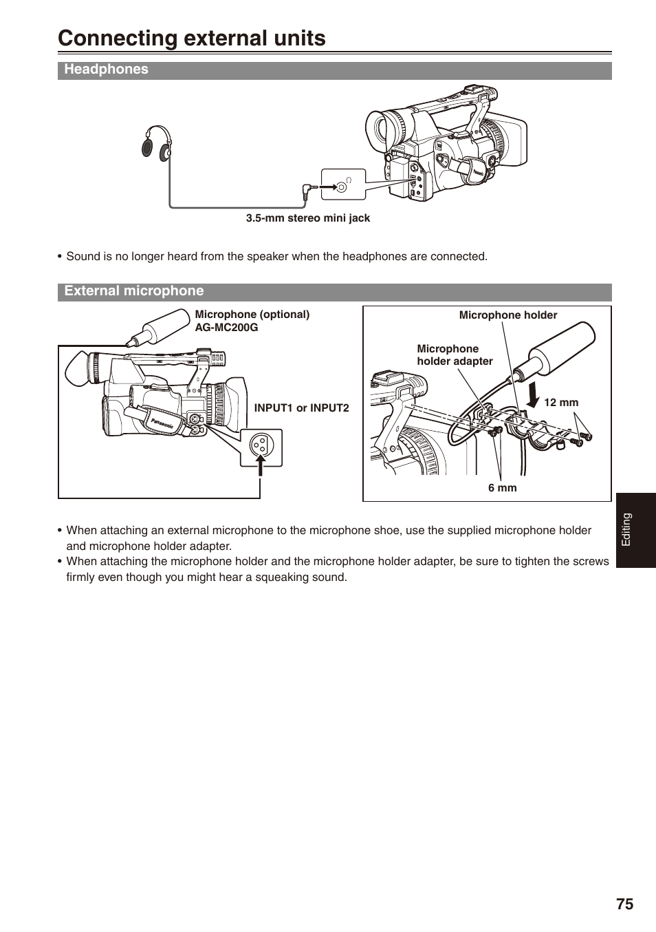 Editing, Connecting external units, Headphones | External microphone, Headphones external microphone | Panasonic AG-HPX172EN User Manual | Page 75 / 128