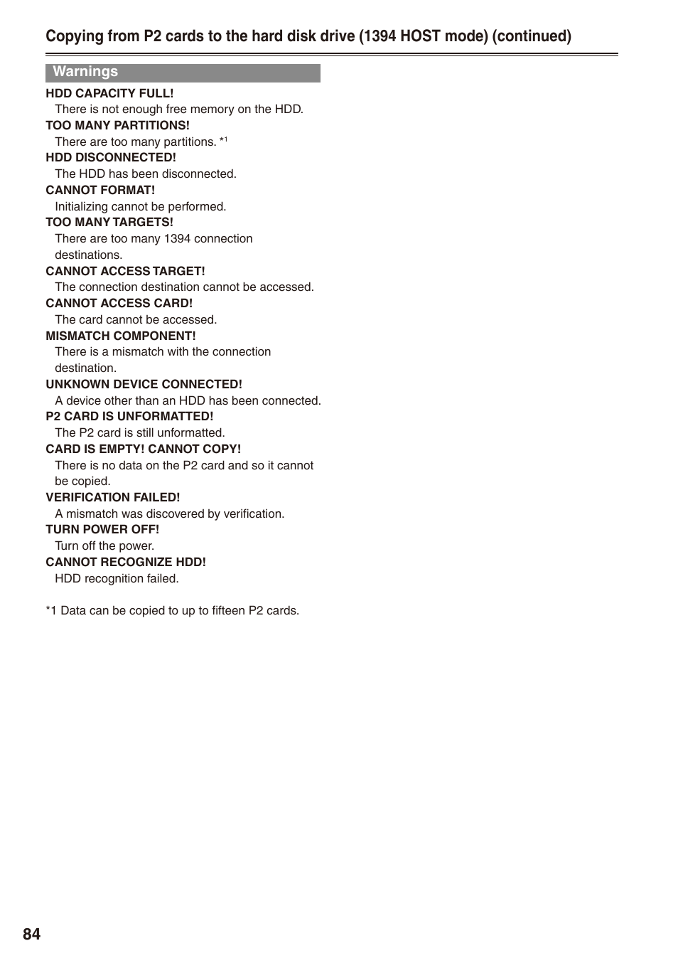 Warnings | Panasonic AG-HPX172EN User Manual | Page 84 / 128