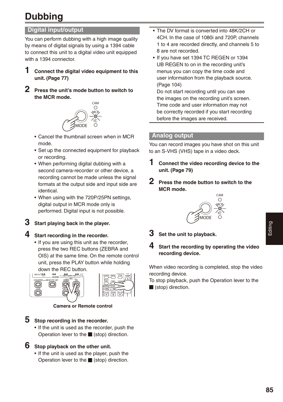 Dubbing, Digital input/output, Analog output | Digital input/output analog output | Panasonic AG-HPX172EN User Manual | Page 85 / 128