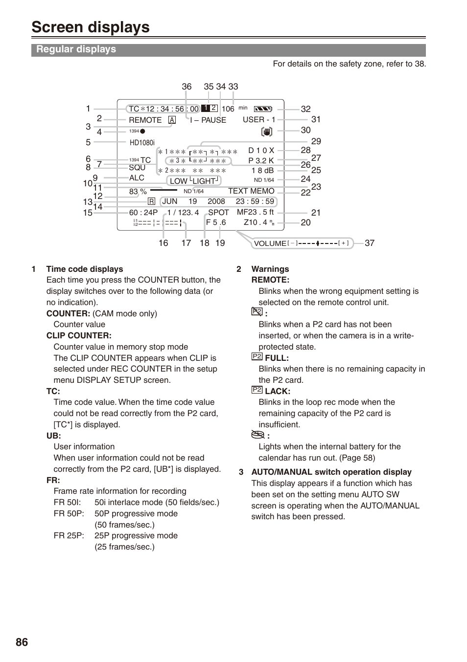 Displays, Screen displays, Regular displays | Panasonic AG-HPX172EN User Manual | Page 86 / 128