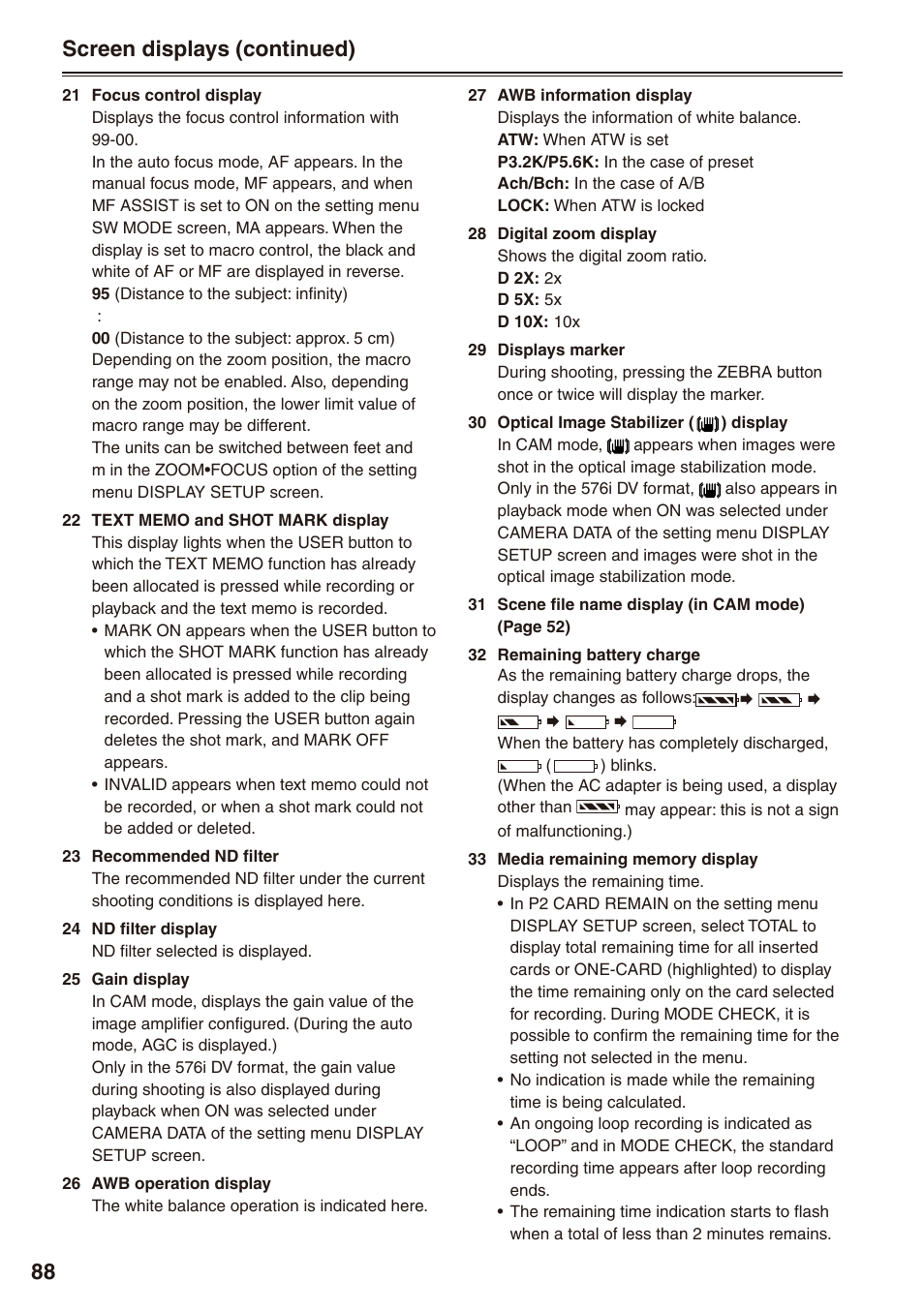 Screen displays (continued) | Panasonic AG-HPX172EN User Manual | Page 88 / 128