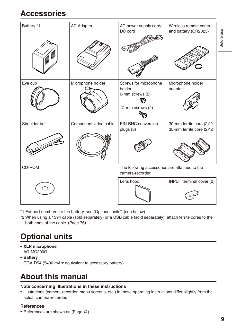 Accessories, Optional units, About this manual | Accessories optional units about this manual | Panasonic AG-HPX172EN User Manual | Page 9 / 128