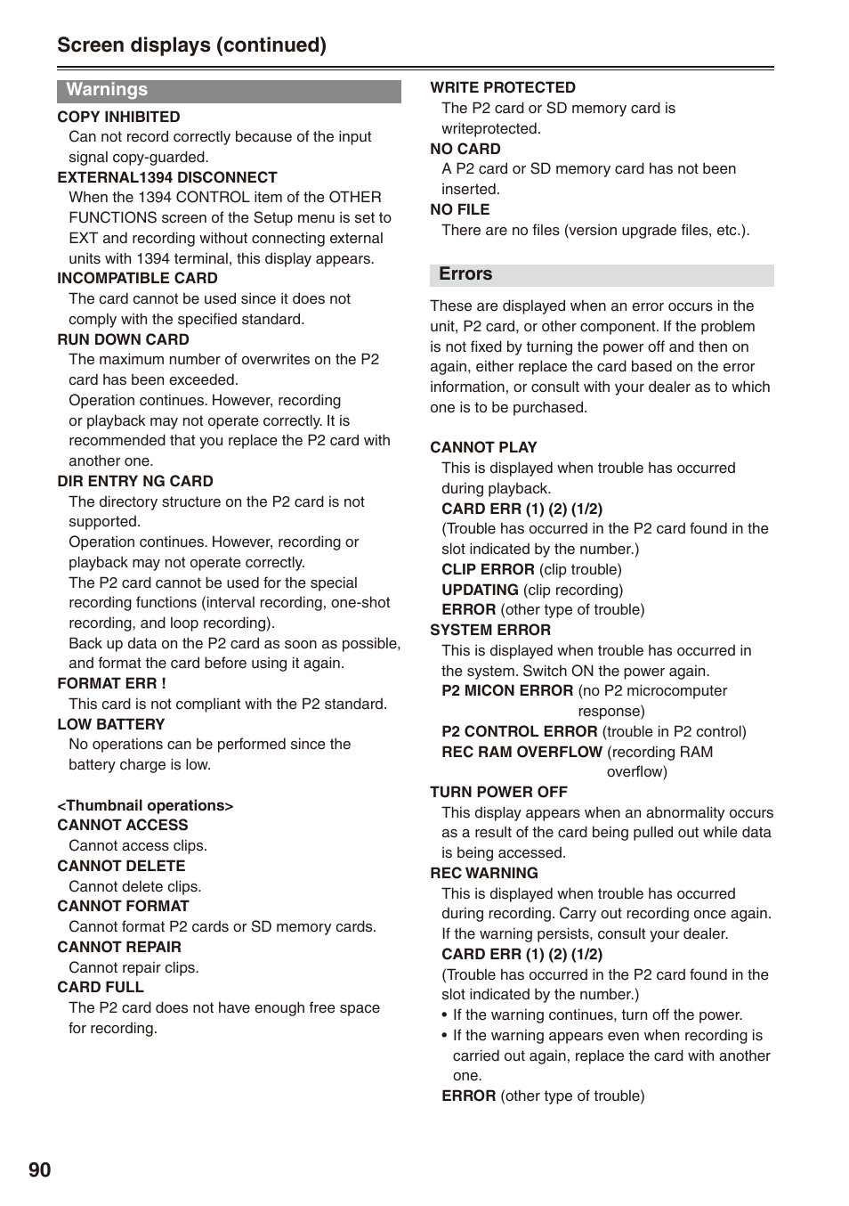 Warnings, Screen displays (continued) | Panasonic AG-HPX172EN User Manual | Page 90 / 128