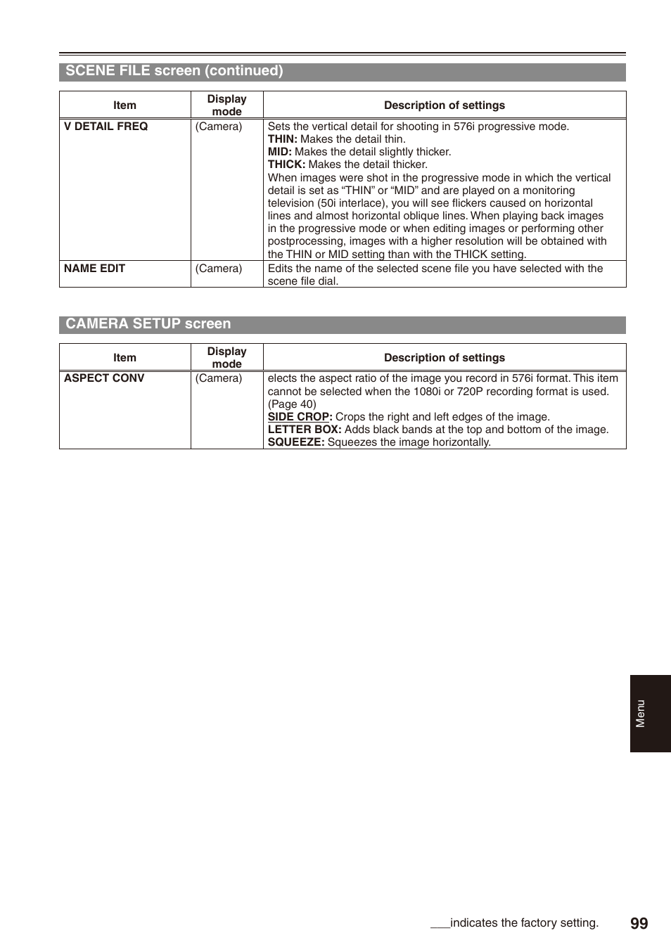 Camera setup screen, 99) or when, Scene file screen (continued) | Panasonic AG-HPX172EN User Manual | Page 99 / 128