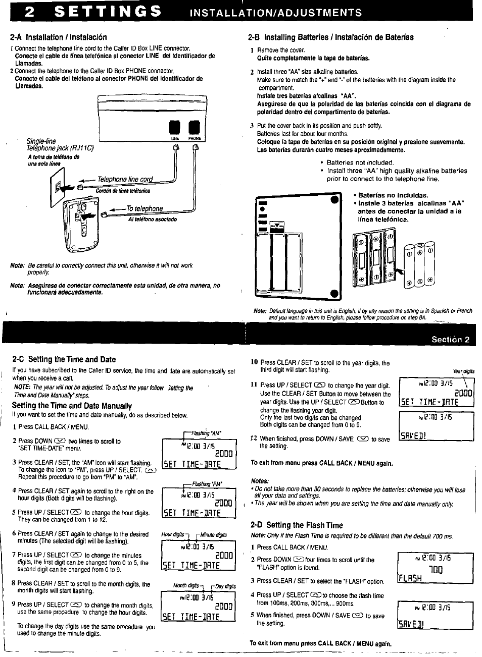 2’a installation / instalación, B installing batteries i instalación de baterías, C setting thetime and date | Setting thetime and date manually, Set тхме-дяте, D setting the flash time, Flash, Installation/adjustments | Panasonic KX-TBC10 User Manual | Page 2 / 9
