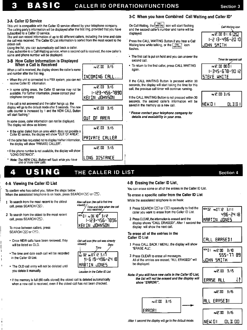 A caller id service, Ke^'in dphnsdn, Section 4 | A viewing the caller id list, B erasing the caller id list, Caller id operation/functions, The caller id list, Оог шопе з/п, Г з/и | Panasonic KX-TBC10 User Manual | Page 3 / 9