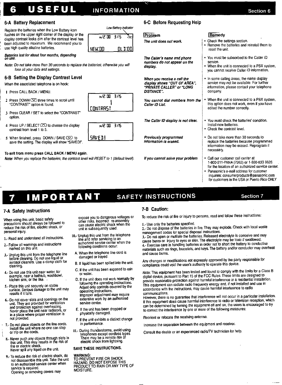 Neu.'oq niiraq, A battery replacement, B setting the display contrast level | C0ntrh5t, Srl'eh, C before requesting help, H^dy, A safety instructions, B caution, Information | Panasonic KX-TBC10 User Manual | Page 5 / 9