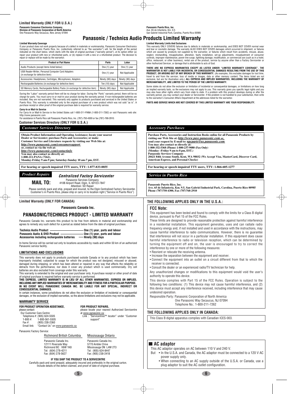 Mail to, Panasonic/technics product - limited warranty, Ac adaptor | Panasonic SV-SD90 User Manual | Page 3 / 6