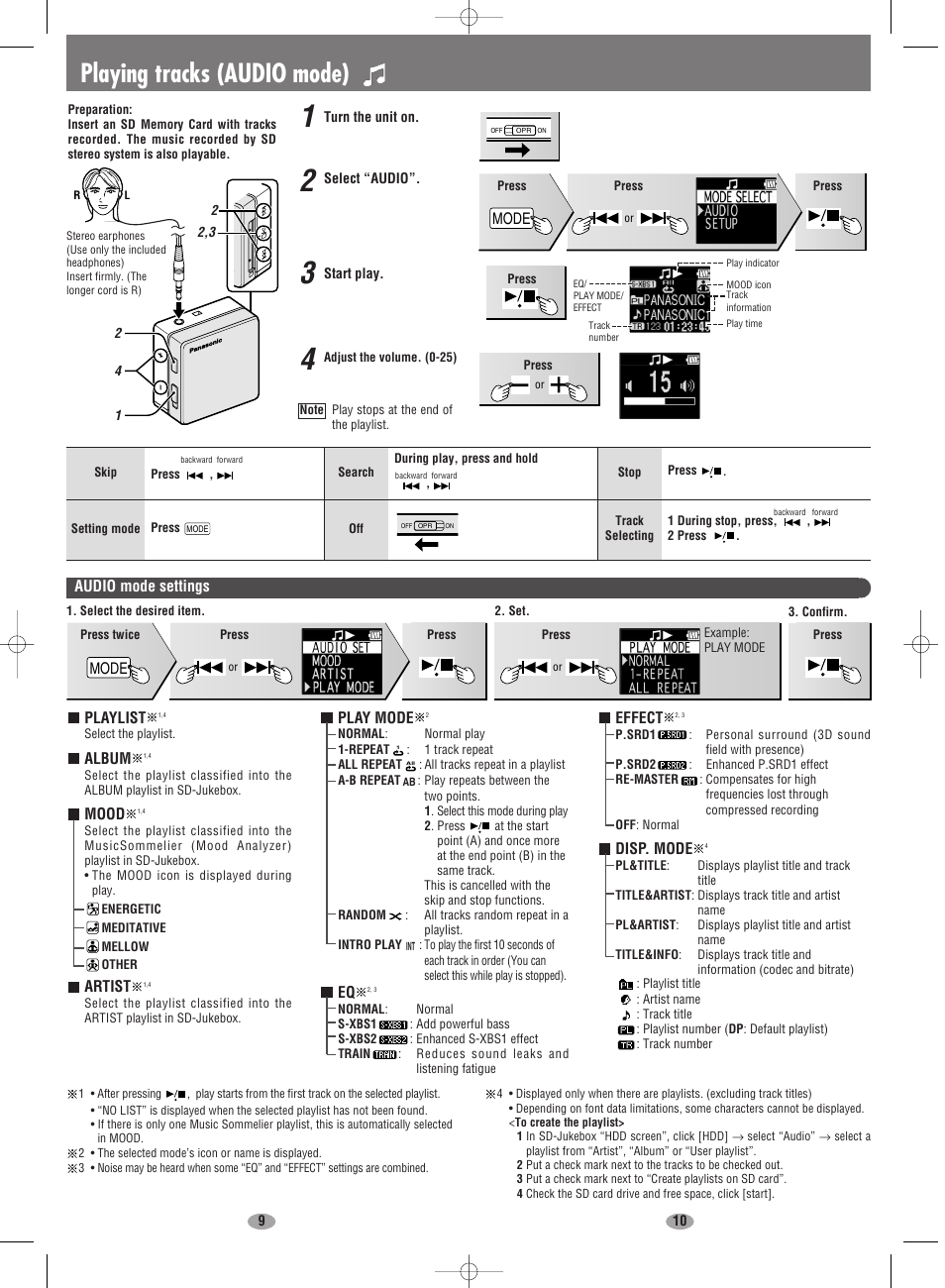 Playing tracks (audio mode), Mode | Panasonic SV-SD90 User Manual | Page 5 / 6