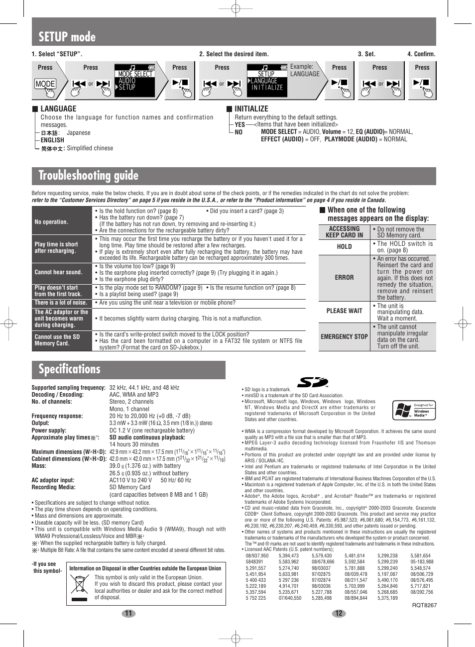 Setup mode, Specifications, Troubleshooting guide | Mode, Language, Initialize | Panasonic SV-SD90 User Manual | Page 6 / 6