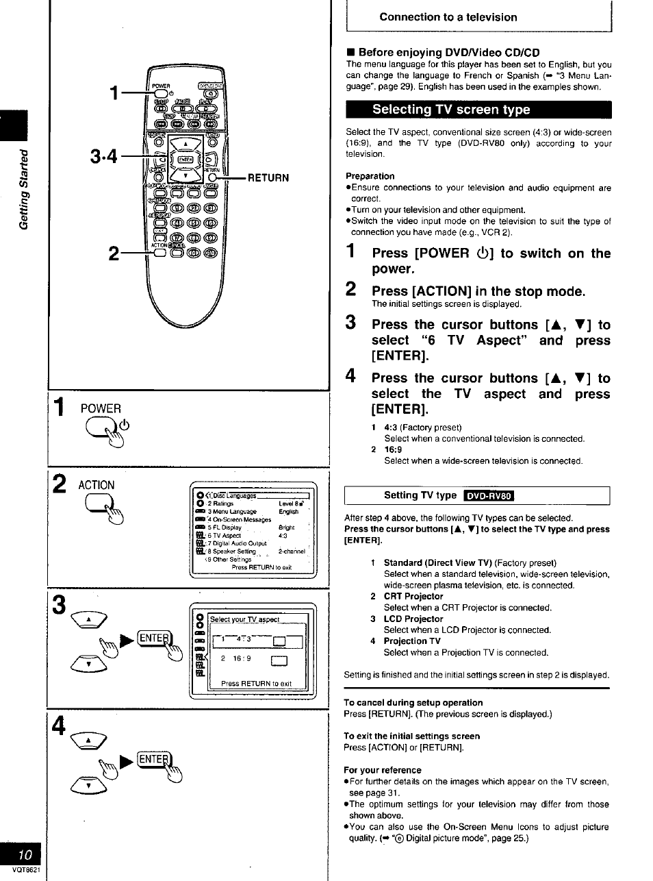 1 power, Preparation, Dvd-rv80 | 1 standard (direct view tv) (factory preset), 2 crt projector, 3 lcd projector, 4 projection tv, Selecting tv screen type, Press [power c!)] to switch on the power, Press [action] in the stop mode | Panasonic DVD-RV80 User Manual | Page 10 / 44